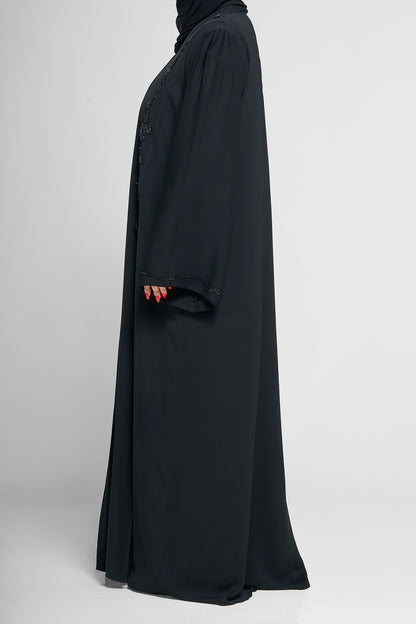 Black Beaded Floral Appliqué Abaya with Vertical Embellished Panels