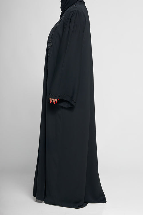 Black Beaded Floral Appliqué Abaya with Vertical Embellished Panels – hover image