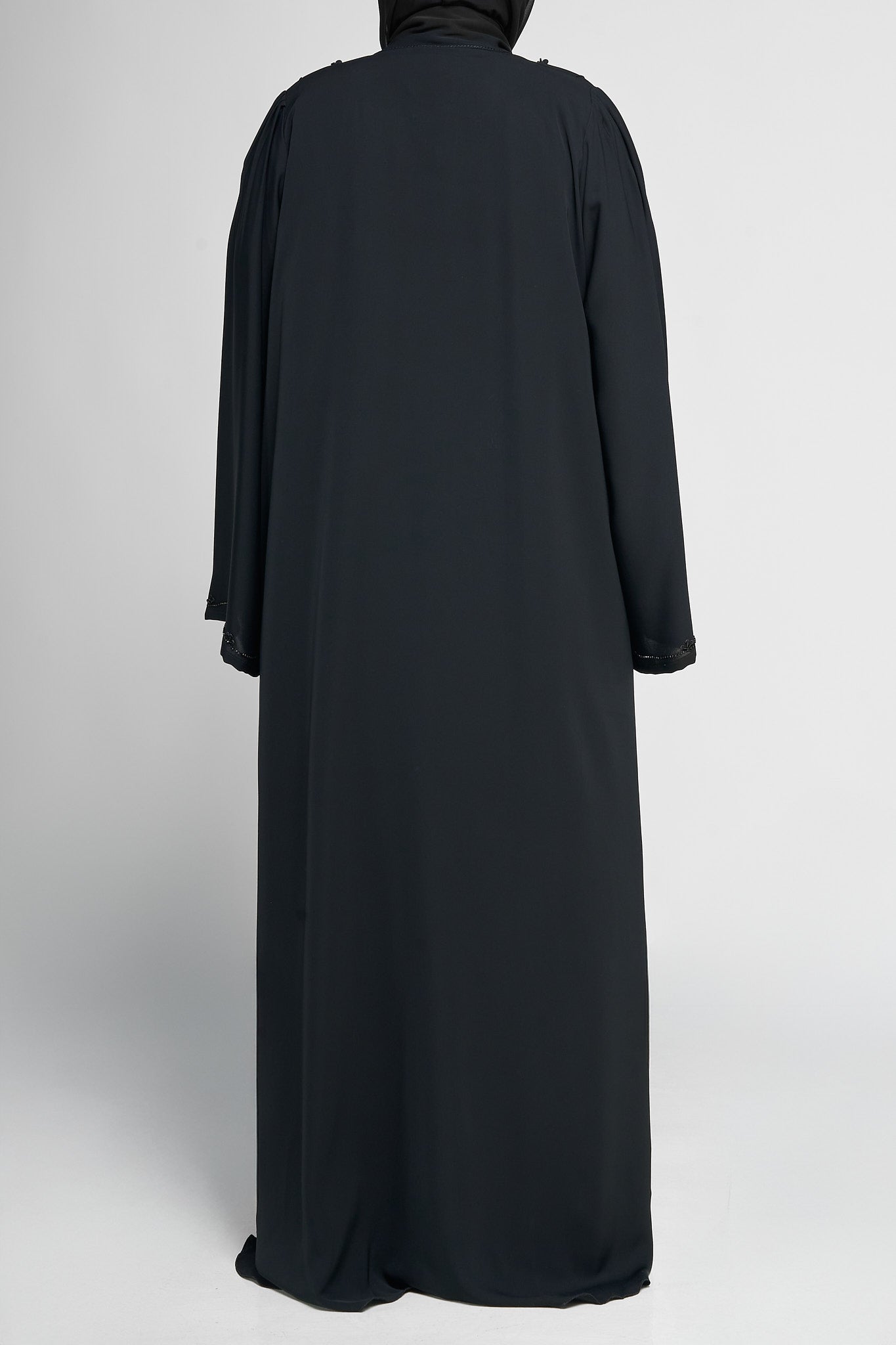 Black Beaded Floral Appliqué Abaya with Vertical Embellished Panels