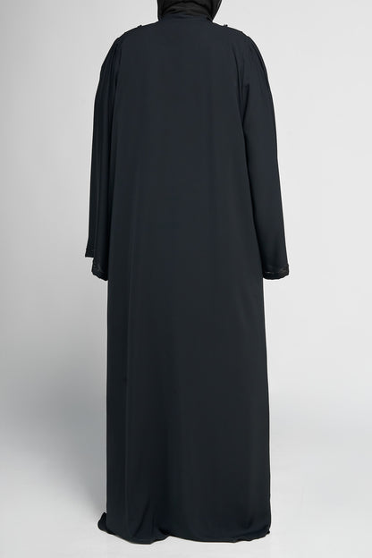 Black Beaded Floral Appliqué Abaya with Vertical Embellished Panels