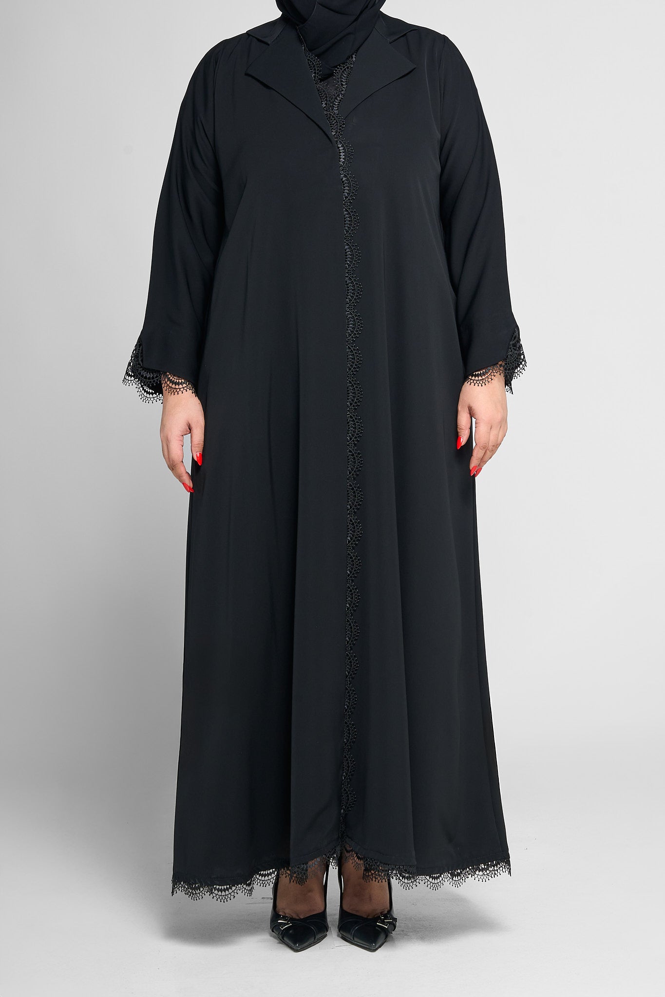 Black Lace-Trim Front-Open Abaya with Scalloped Edging