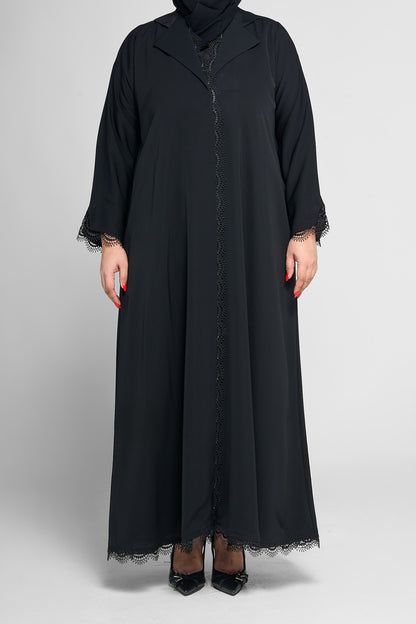 Black Lace-Trim Front-Open Abaya with Scalloped Edging
