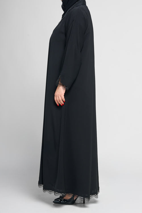Black Lace-Trim Front-Open Abaya with Scalloped Edging – hover image