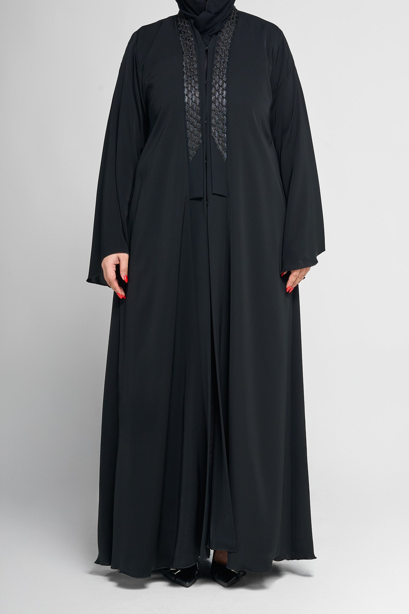Black V-Panel Embellished Abaya with Textured Beadwork Detailing