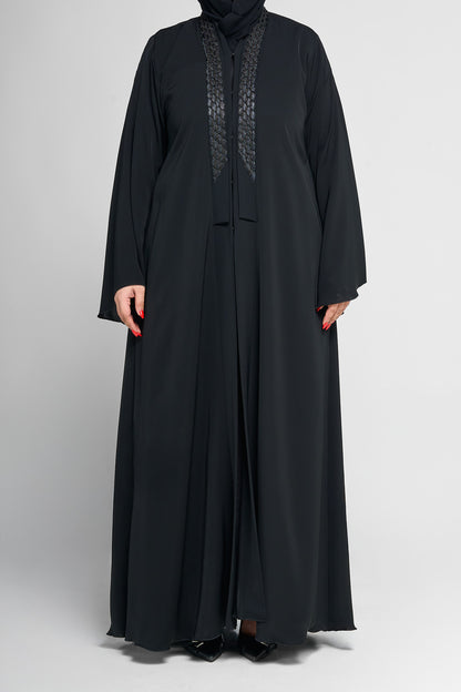Black V-Panel Embellished Abaya with Textured Beadwork Detailing