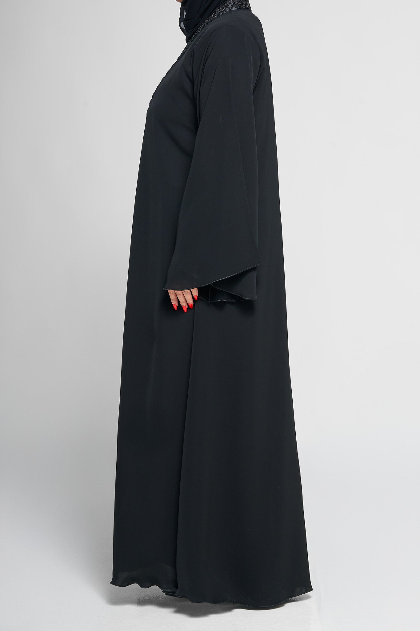 Black V-Panel Embellished Abaya with Textured Beadwork Detailing