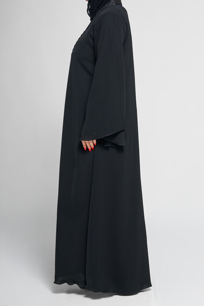 Black V-Panel Embellished Abaya with Textured Beadwork Detailing