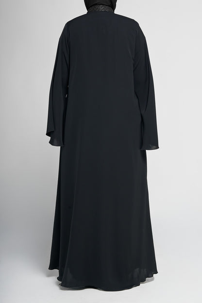 Black V-Panel Embellished Abaya with Textured Beadwork Detailing