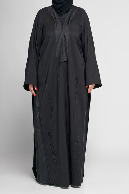 Black Satin-Panel Abaya with Subtle Beaded Vine Embellishments