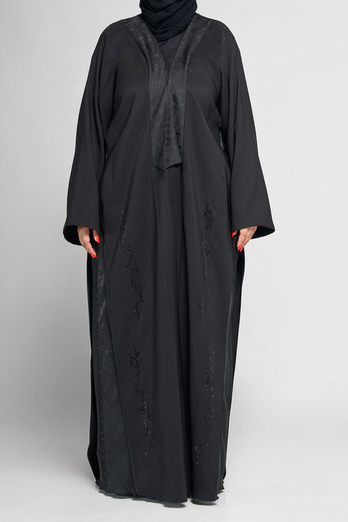 Black Satin-Panel Abaya with Subtle Beaded Vine Embellishments