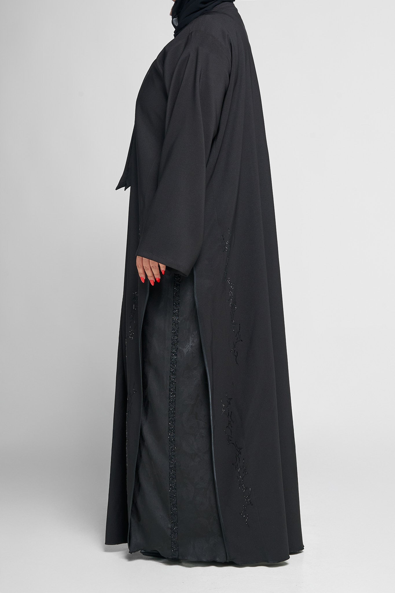 Black Satin-Panel Abaya with Subtle Beaded Vine Embellishments