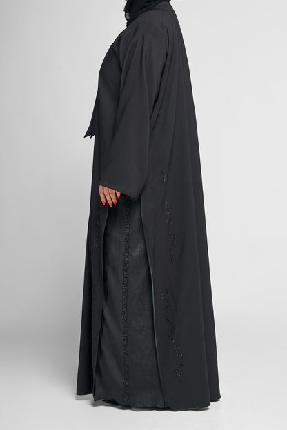 Black Satin-Panel Abaya with Subtle Beaded Vine Embellishments