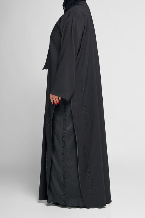 Black Satin-Panel Abaya with Subtle Beaded Vine Embellishments – hover image