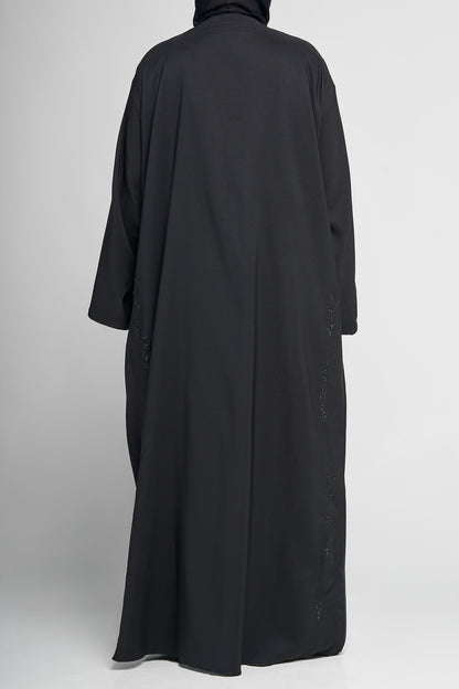 Black Satin-Panel Abaya with Subtle Beaded Vine Embellishments