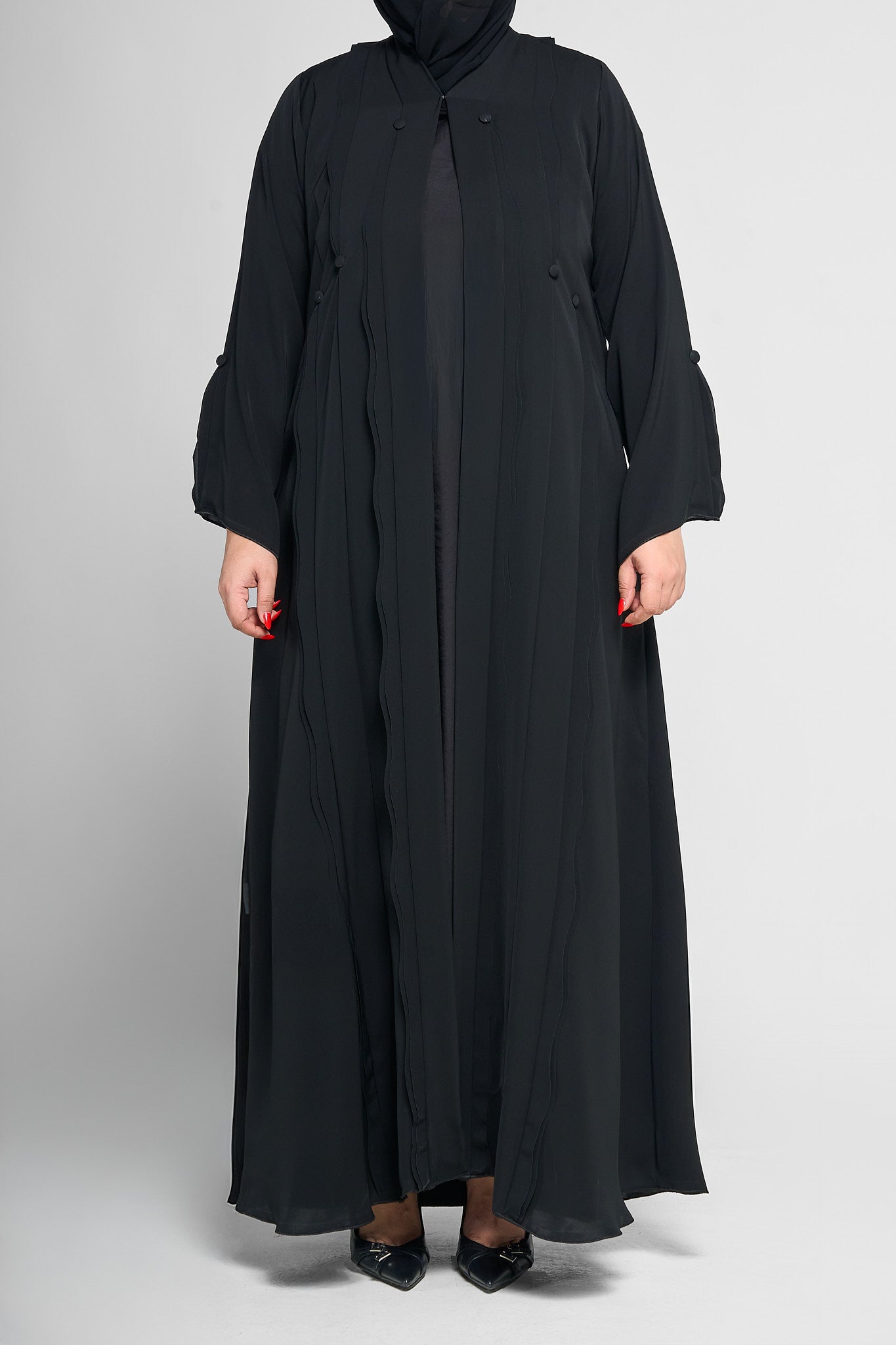 Black Textured Ribbon-Panel Abaya with Fabric Button Accents