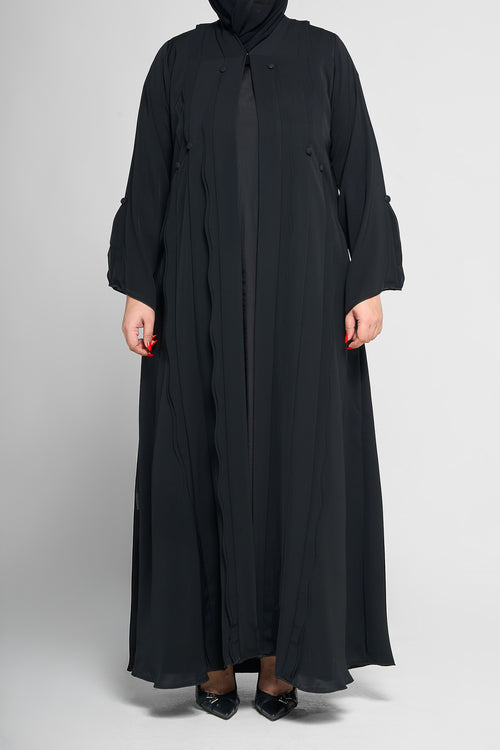 Black Textured Ribbon-Panel Abaya with Fabric Button Accents