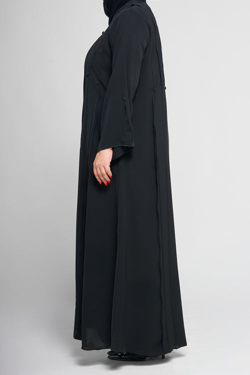 Black Textured Ribbon-Panel Abaya with Fabric Button Accents – hover image