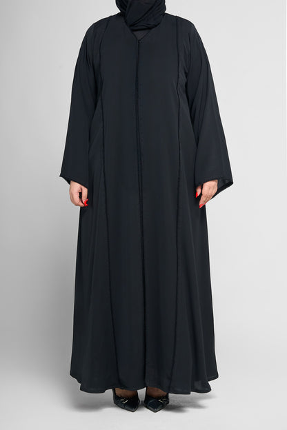 Black Minimal Beaded-Trim Abaya with Soft Panel Lines