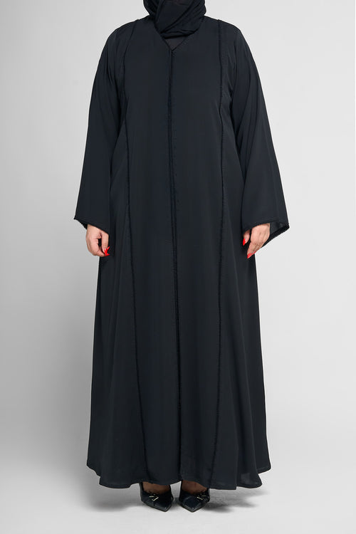 Black Minimal Beaded-Trim Abaya with Soft Panel Lines
