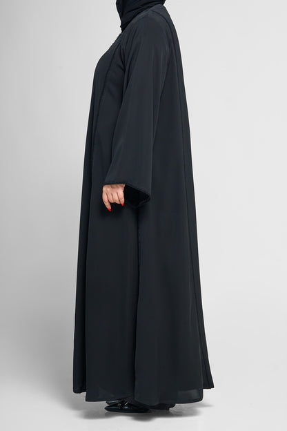 Black Minimal Beaded-Trim Abaya with Soft Panel Lines