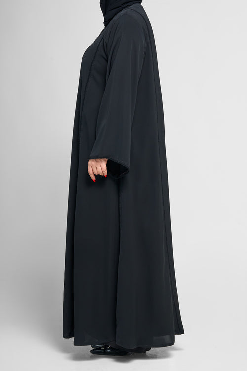 Black Minimal Beaded-Trim Abaya with Soft Panel Lines – hover image