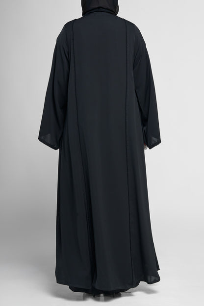 Black Minimal Beaded-Trim Abaya with Soft Panel Lines