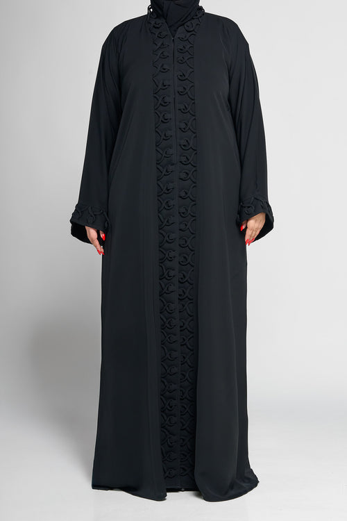 Black Textured Loop-Embroidered Abaya with Statement Front Panel