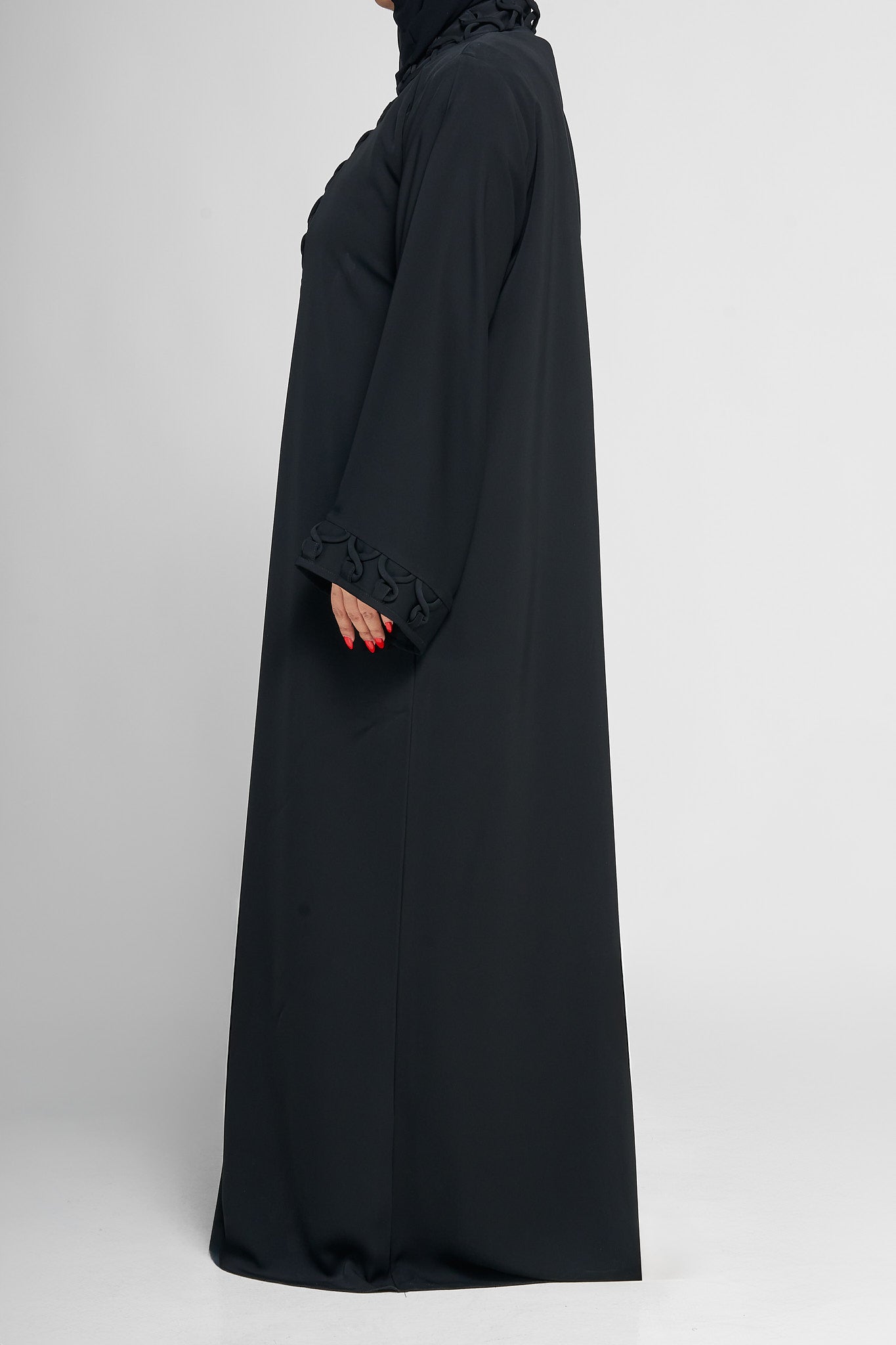 Black Textured Loop-Embroidered Abaya with Statement Front Panel