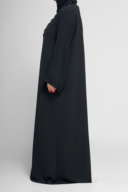 Black Textured Loop-Embroidered Abaya with Statement Front Panel