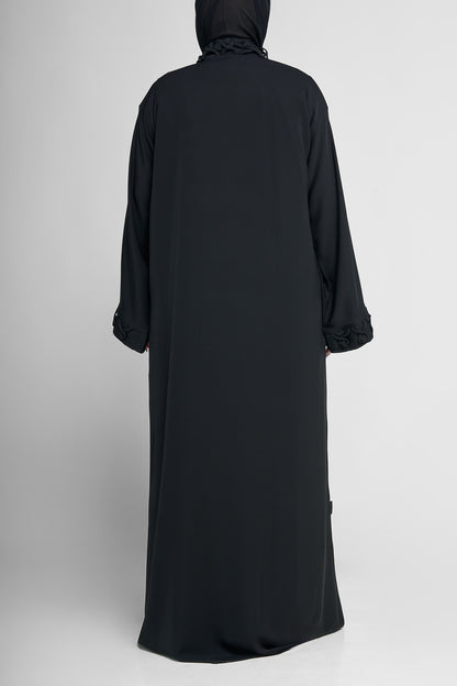 Black Textured Loop-Embroidered Abaya with Statement Front Panel