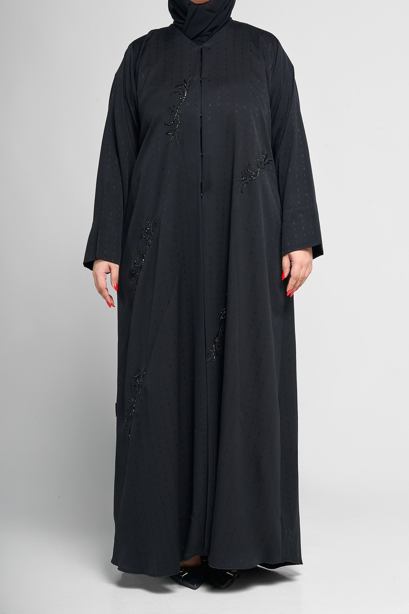 Black Classic Close Abaya with Beaded Vine Embellishments