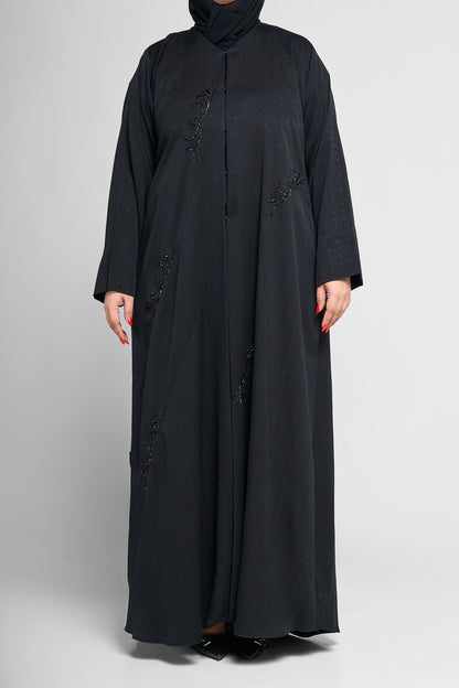 Black Classic Close Abaya with Beaded Vine Embellishments