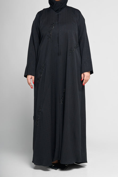 Black Classic Close Abaya with Beaded Vine Embellishments