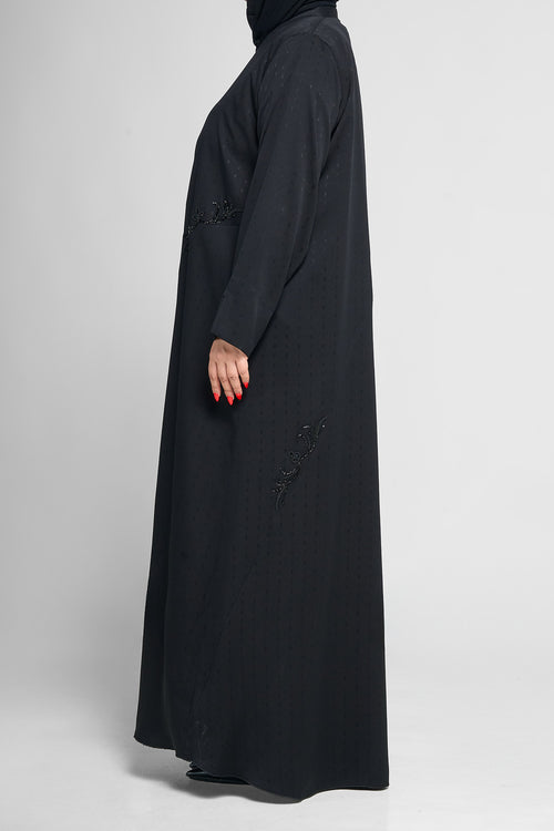 Black Classic Close Abaya with Beaded Vine Embellishments – hover image