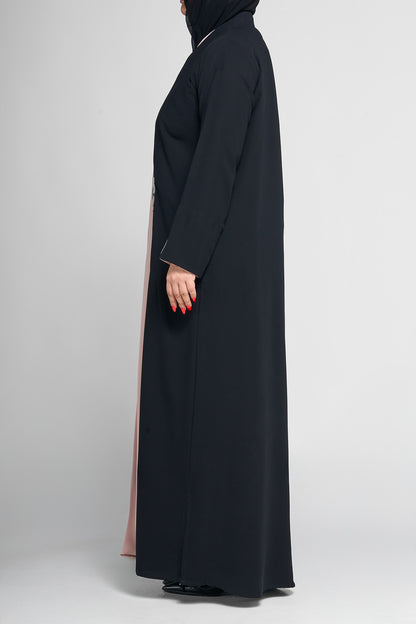 Two-Tone Floral Embroidered Abaya with Scalloped Front Panel