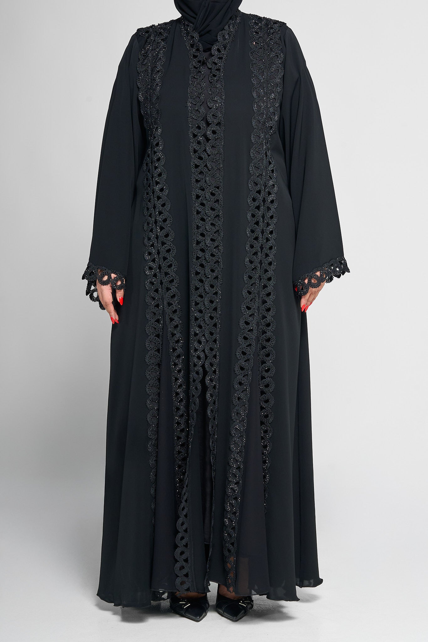 Black Layered Lace-Panel Abaya with Sparkle Embellished Detailing
