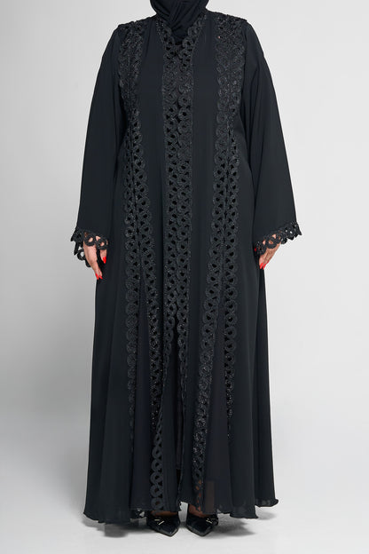 Black Layered Lace-Panel Abaya with Sparkle Embellished Detailing