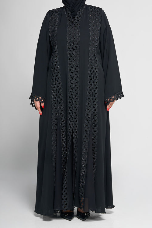 Black Layered Lace-Panel Abaya with Sparkle Embellished Detailing