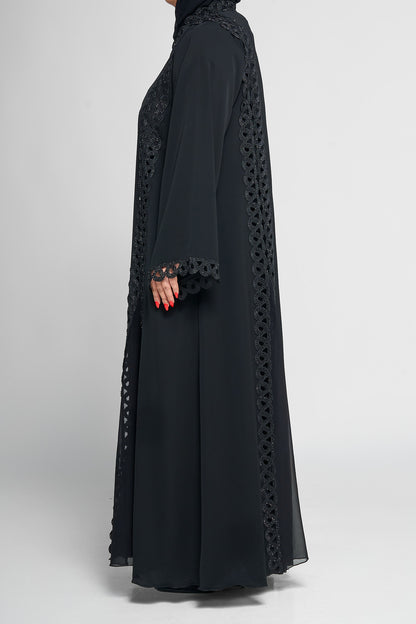 Black Layered Lace-Panel Abaya with Sparkle Embellished Detailing