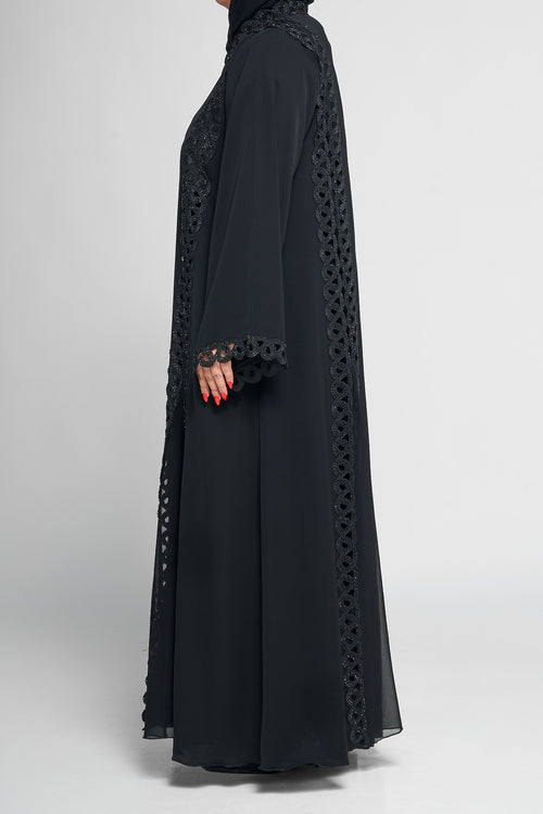 Black Layered Lace-Panel Abaya with Sparkle Embellished Detailing – hover image