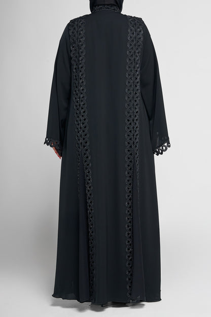 Black Layered Lace-Panel Abaya with Sparkle Embellished Detailing