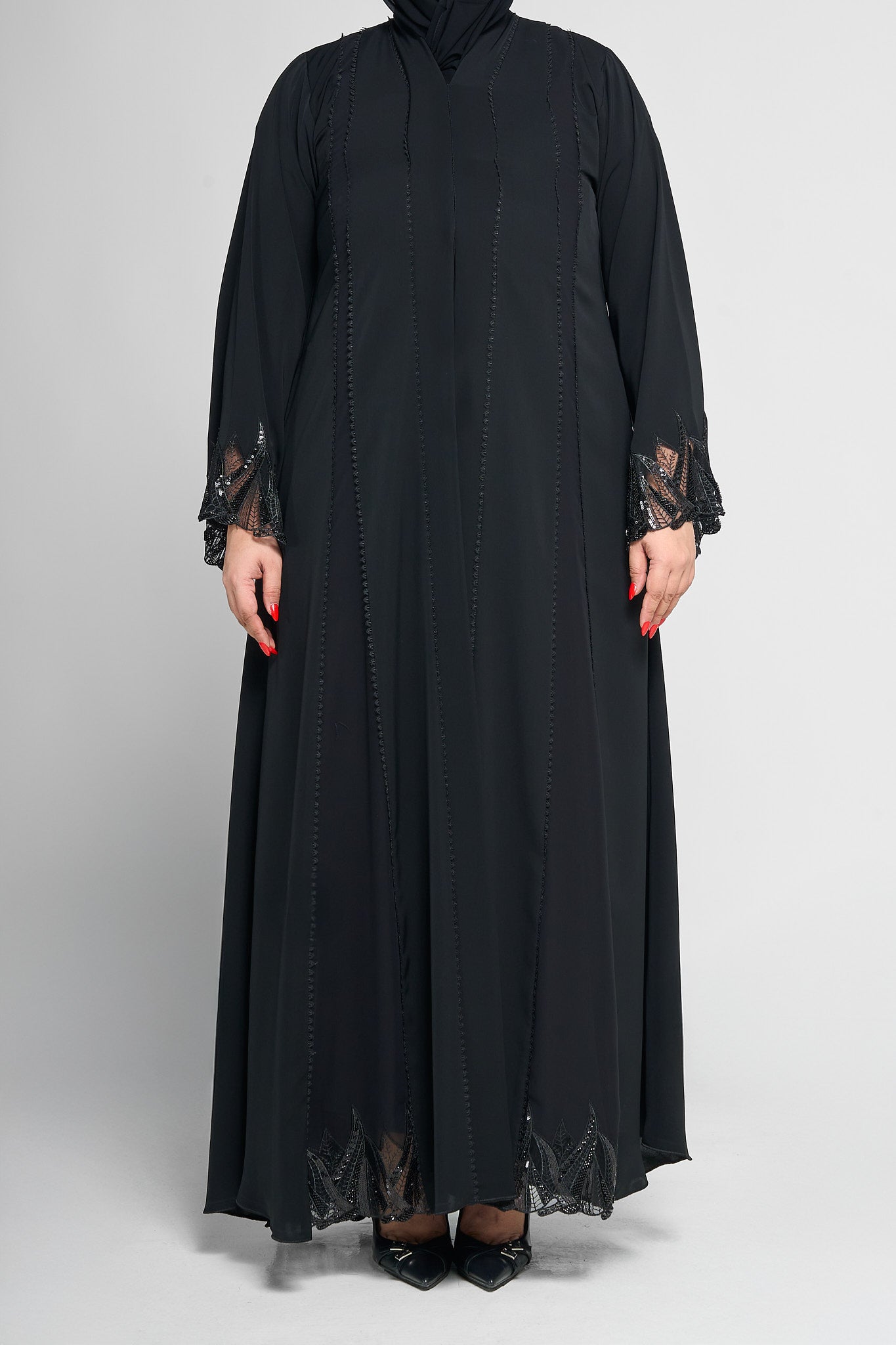 Black Beaded Line-Panel Abaya with Lace Embellished Sleeves and Hem