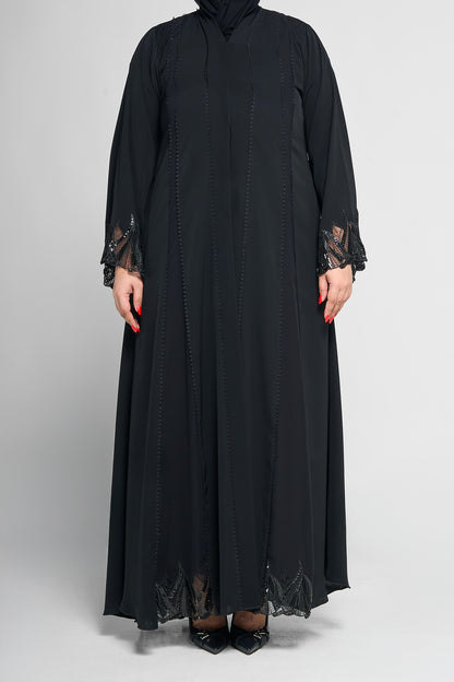 Black Beaded Line-Panel Abaya with Lace Embellished Sleeves and Hem