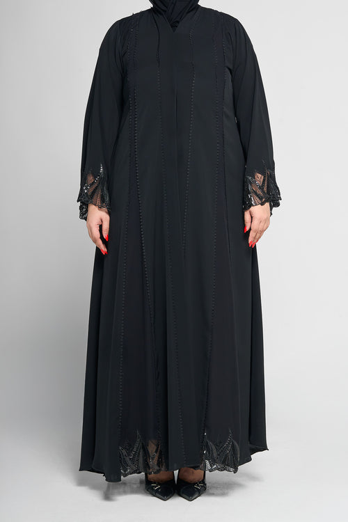 Black Beaded Line-Panel Abaya with Lace Embellished Sleeves and Hem