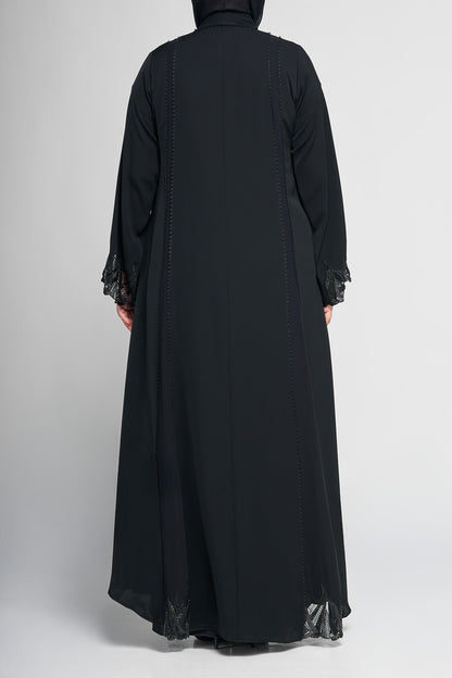 Black Beaded Line-Panel Abaya with Lace Embellished Sleeves and Hem