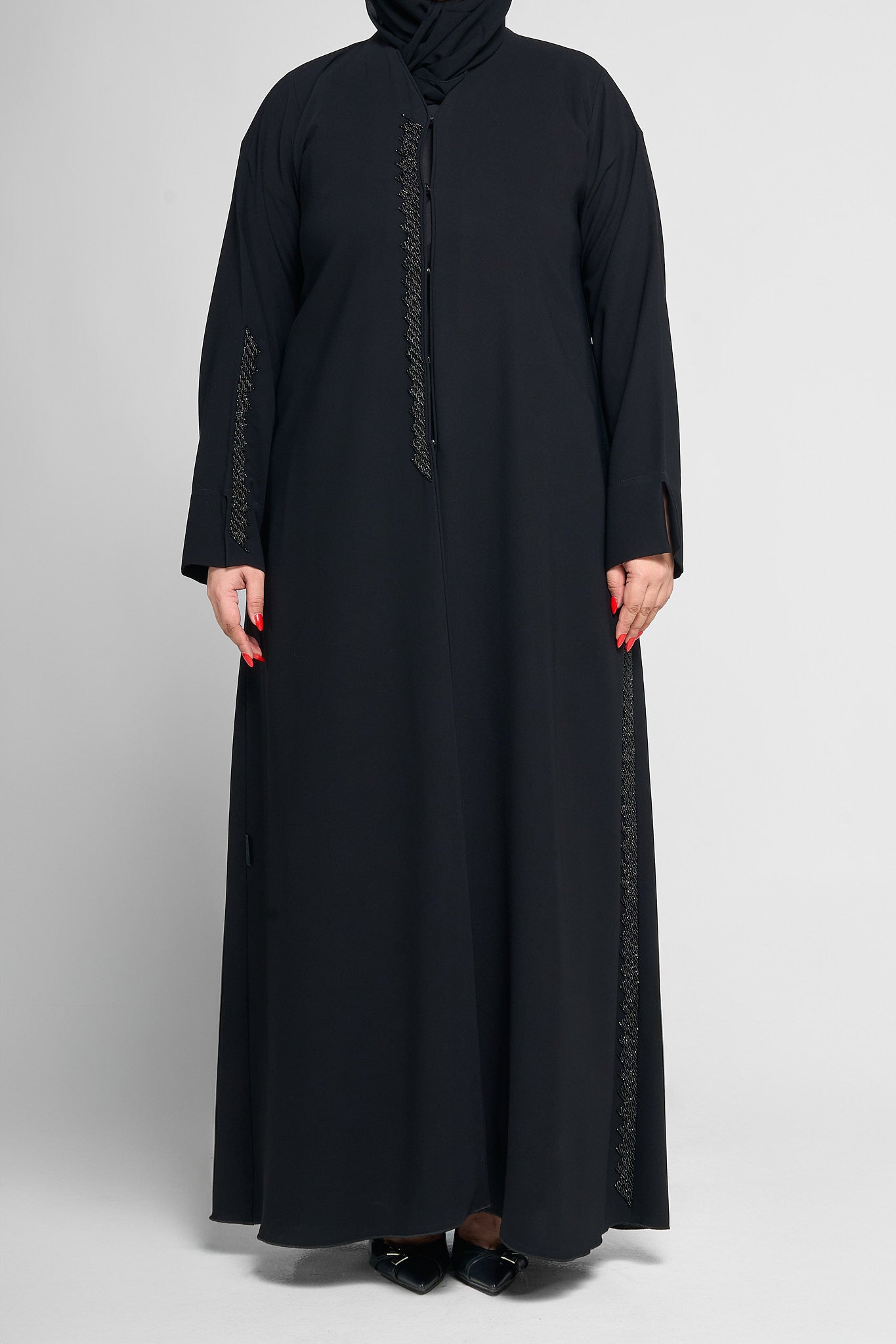 Black Minimal Embellished Abaya with Scalloped Beaded Panel Accents