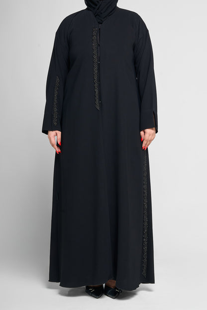 Black Minimal Embellished Abaya with Scalloped Beaded Panel Accents