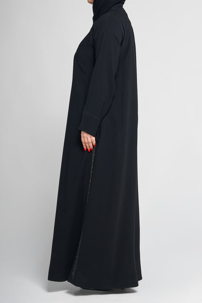 Black Minimal Embellished Abaya with Scalloped Beaded Panel Accents