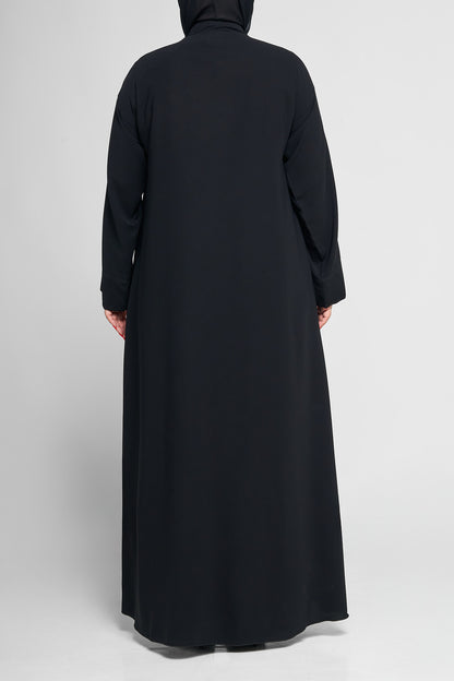 Black Minimal Embellished Abaya with Scalloped Beaded Panel Accents