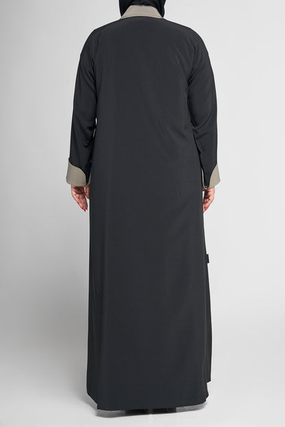 Two-Tone Collar and Cuff Abaya with Contrast Piping Detail